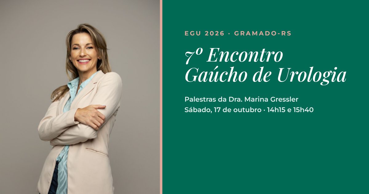 Dra. Marina Gressler sorrindo, de blazer claro, ao lado do nome do 7º Encontro Gaúcho de Urologia, em Gramado